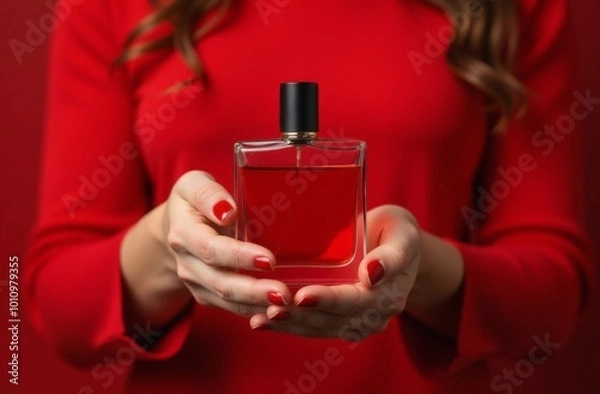 Obraz close-up of female hands holding a bottle of perfume, red background