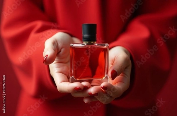 Obraz close-up of female hands holding a bottle of perfume, red background