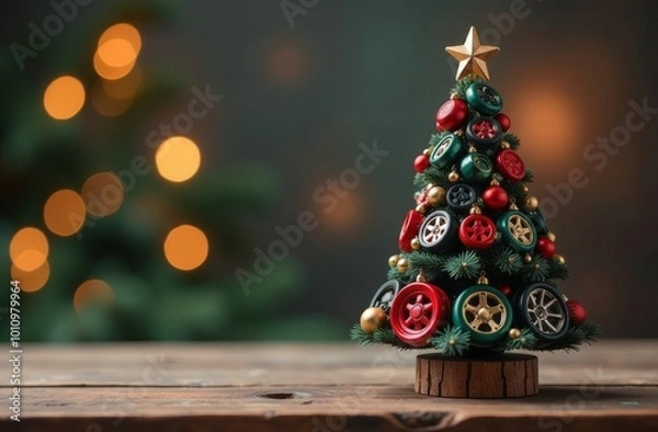 Obraz New Year tree made of car wheels. For car service, for car showroom