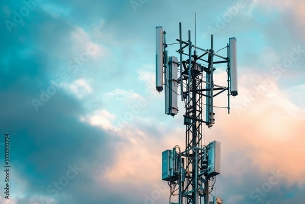 Fototapeta Telecommunication tower cellular. Macro Base Station. 5G radio network telecommunication equipment with radio modules and smart antennas mounted on metal against a clouds sky background