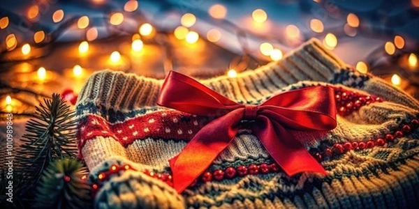 Fototapeta Snuggle up in a cozy wool sweater, perfect for the festive season. Wrapped with a red ribbon, it makes an ideal holiday gift for warmth and cheer.