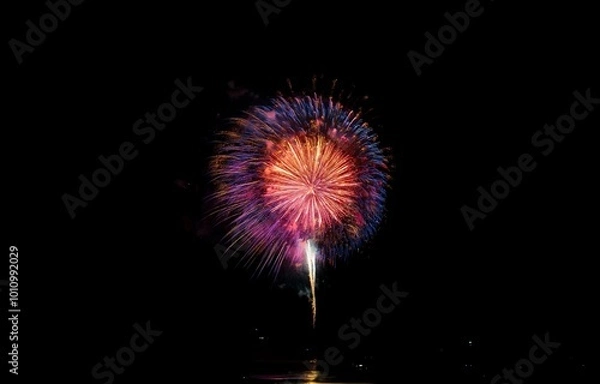 Fototapeta A large, multi-colored firework explodes against a dark sky with a long trail of smoke.