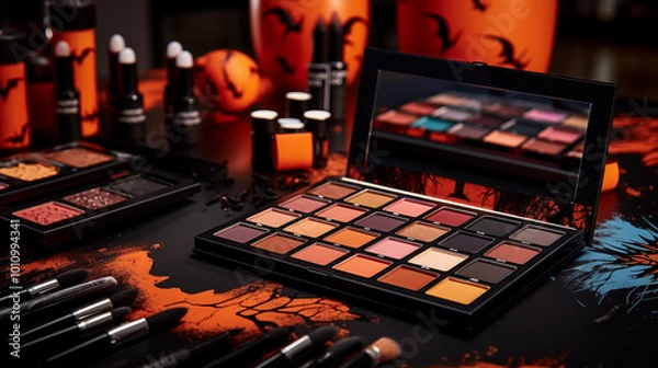 Fototapeta Halloween-themed makeup palette with brushes and festive decorations
