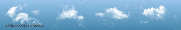 Fototapeta Realistic transparent isolated clouds in the sky.  Volumetric 3D image of clouds in the sky. Transparent objects of smoke or fog. Vector image. EPS 10. 