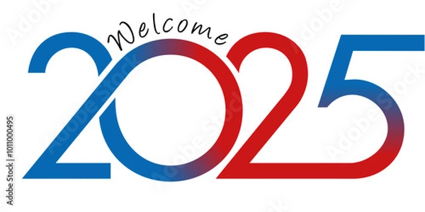 Obraz Greeting card with dynamic graphics to present the year 2025 with a succession of red and blue curves on a white background.