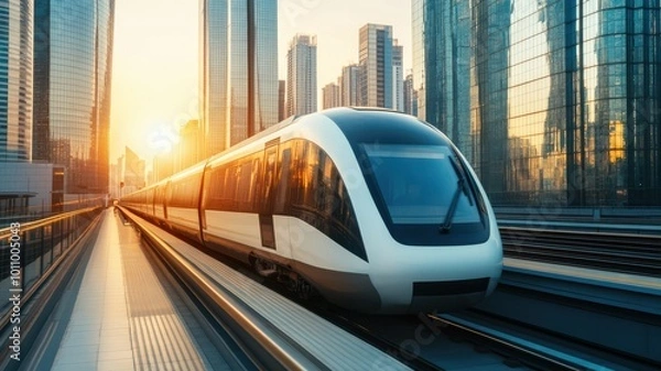 Obraz A modern train travels through a city skyline at sunset, showcasing urban transportation and architecture.