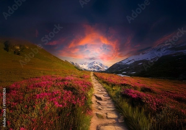 Fototapeta A winding stone path leads through a field of pink wildflowers toward a snow-capped mountain peak. The sky above is a vibrant orange and pink.