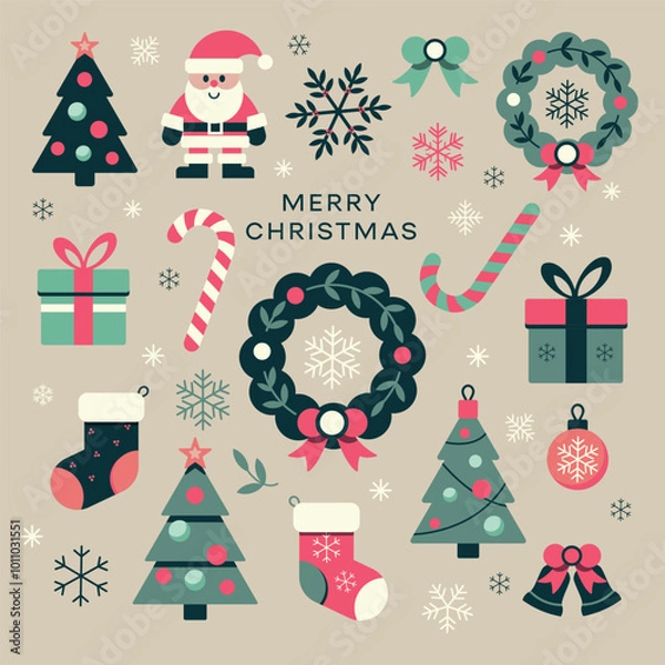Fototapeta Set of Christmas icons. Vector flat illustration for poster, cards, banner. Santa Claus, snowflake, socks, gift, candy cane, christmas tree, bell