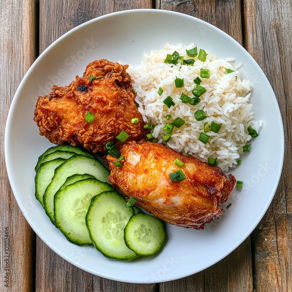 Fototapeta meal consisting of crispy fried chicken pieces, white rice with red sauce and herbs