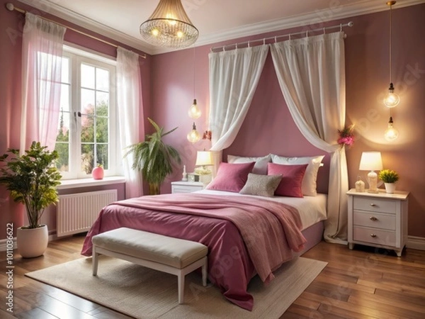 Fototapeta A cozy bedroom featuring a white bed frame and pink accents, complemented by bright decor, white curtains, and