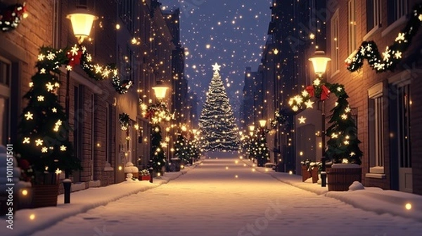 Fototapeta Snow covered street in Siegen with festive decorations twinkling Christmas tree in the distance, quiet winter street, snowy Christmas night, snowy street