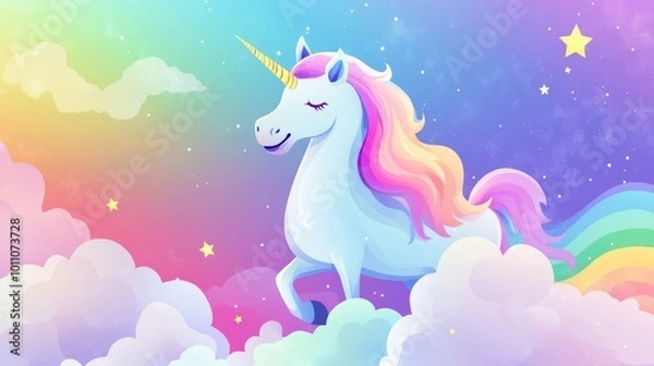 Fototapeta magical holographic fantasy rainbow unicorn background with pastel colored clouds and sky, featuring cute candy-themed elements in an abstract, whimsical landscape, perfect for kids’ decor, dreamy des