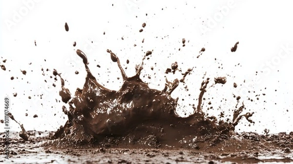 Fototapeta A splash of brown mud with droplets flying up against a white background.