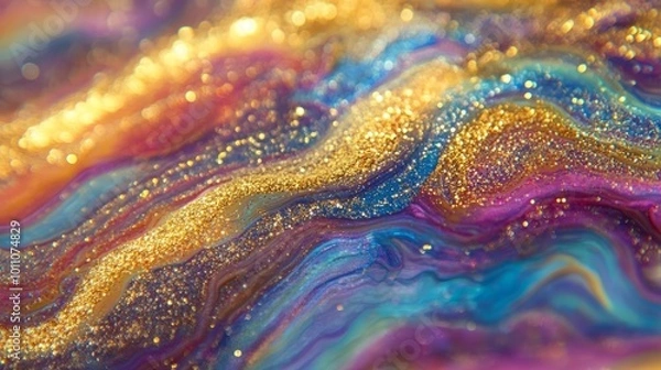 Fototapeta Iridescent holographic background with shimmering gold glitter for festive decorations, event invitations, or glamorous digital designs, perfect for adding a touch of luxury and sparkle to creative pr