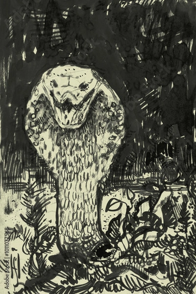 Fototapeta A detailed ink illustration of a cobra intertwined with flowers, combining danger and beauty. Perfect for nature, fantasy, and gothic-themed art projects.
