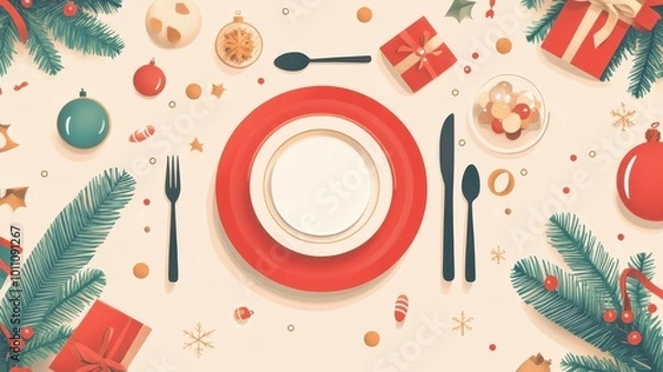 Fototapeta Flat design Christmas dinner table with bold, simplified shapes and a modern composition, perfect for web design or digital media, featuring plates, cutlery, and festive decorations. Christmas dinner