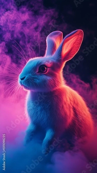 Fototapeta White rabbit posing in a cloud of colorful smoke