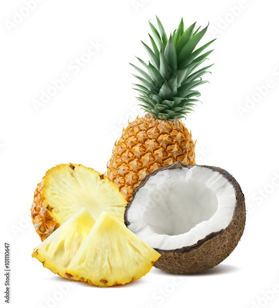 Obraz Ananas kokosowy skład kawałki 4 na białym tle