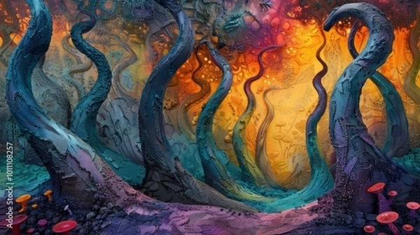 Obraz Surreal and fantastical twisted forest landscape with gnarled sinuous trees and vibrant layered reflections in a moody atmospheric dreamscape  Vibrant colorful and imaginative digital art