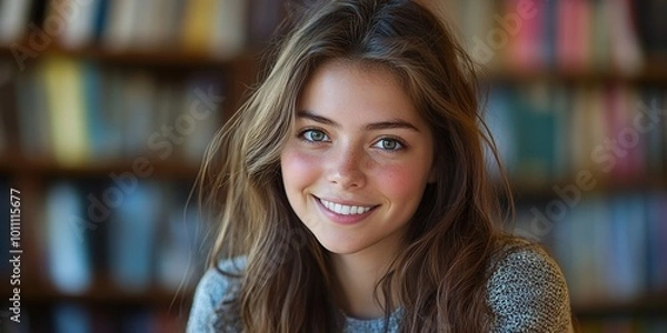 Fototapeta young confident female college student smiling while looking at the camera showcasing her vibrant student life and academic journey