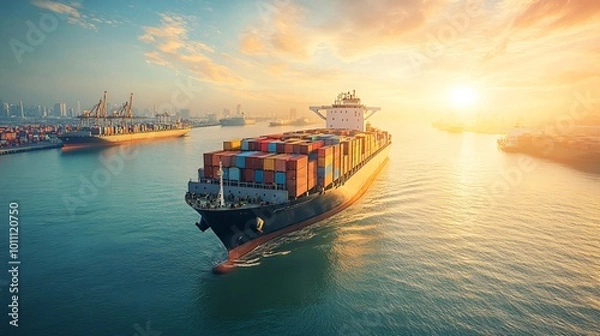 Fototapeta Large container ship leaving busy port at sunset