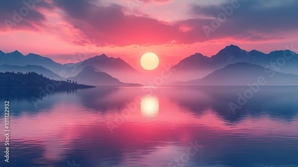 Fototapeta a vibrant retro sunset over calm waters with mountains in the background reflecting nostalgia ,tranquility