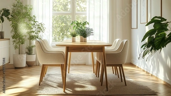 Obraz A modern living room with a large glass table and chairs. The room has a minimalist design