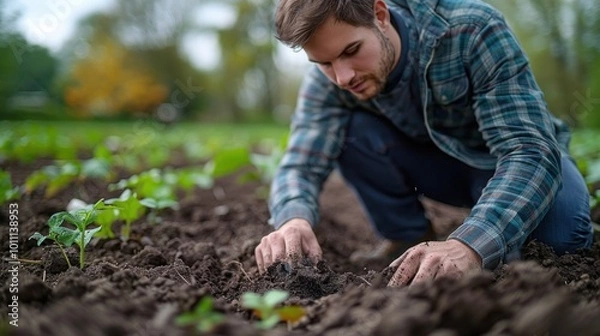 Fototapeta A farmer practicing biodynamic soil health monitoring and soil testing to optimize nutrient management and water conservation, soil testing scene, sustainable soil monitoring