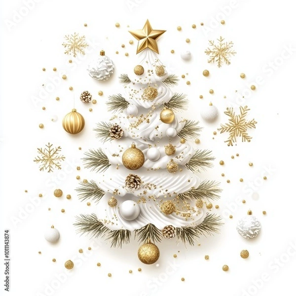 Fototapeta **Merry Christmas and Happy New Year Holiday white banner illustration. Xmas design with realistic 3d objects, christmas tree, golden christmass ball, snowflake, glitter gold