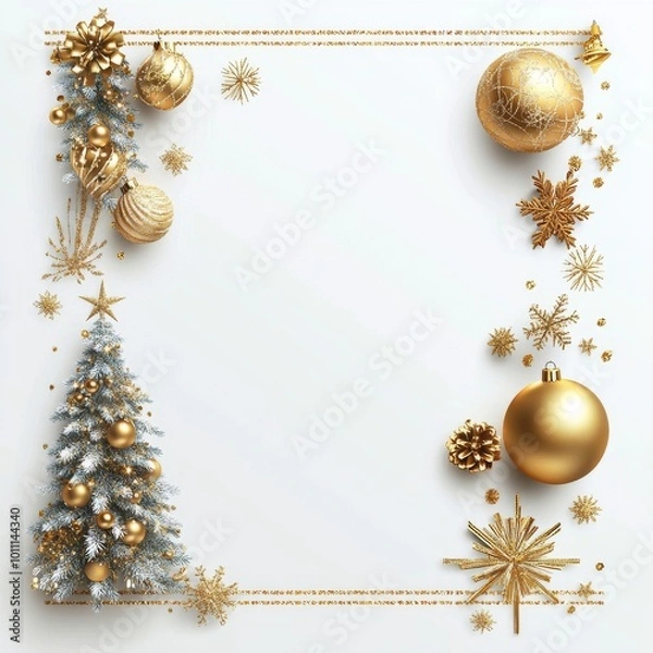 Fototapeta **Merry Christmas and Happy New Year Holiday white banner illustration. Xmas design with realistic 3d objects, christmas tree, golden christmass ball, snowflake, glitter gold