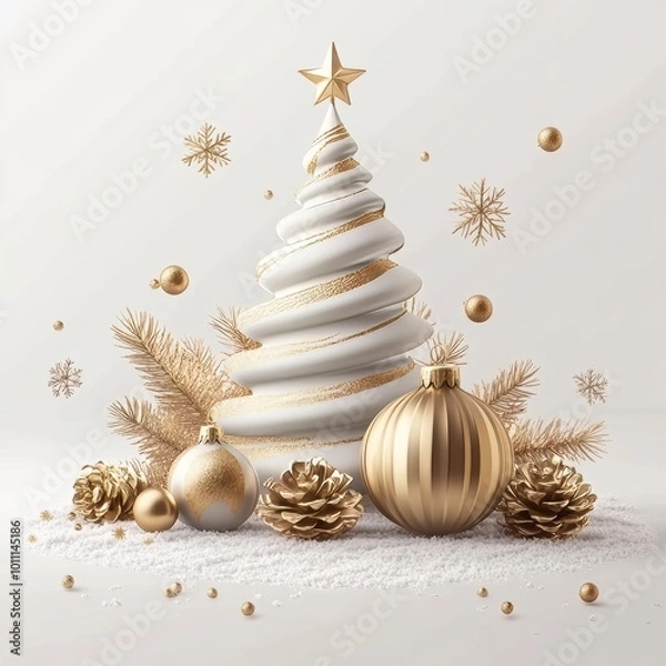 Fototapeta **Merry Christmas and Happy New Year Holiday white banner illustration. Xmas design with realistic 3d objects, christmas tree, golden christmass ball, snowflake, glitter gold