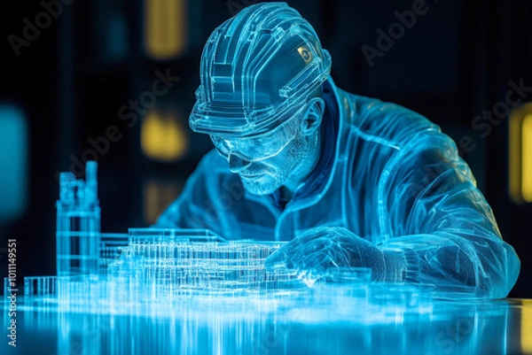 Fototapeta Engineer Figure Constructed from TMT Bars on a Blue Background