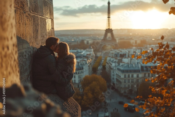 Fototapeta loving couple kissing on Eiffel Tower background,
