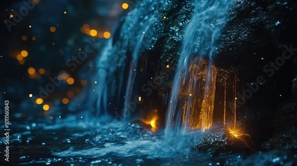 Fototapeta A serene waterfall cascading over rocks, illuminating the surroundings with warm light and creating a peaceful atmosphere.