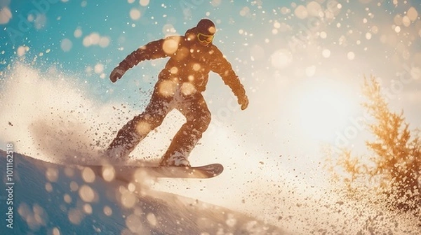 Fototapeta A snowboarder glides down a snowy slope, kicking up powder with a backdrop of sunlight and winter scenery.