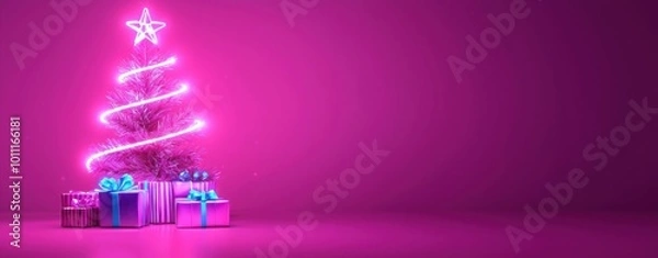 Fototapeta A vibrant pink Christmas tree adorned with glowing lights, surrounded by beautifully wrapped presents, creates a festive atmosphere.