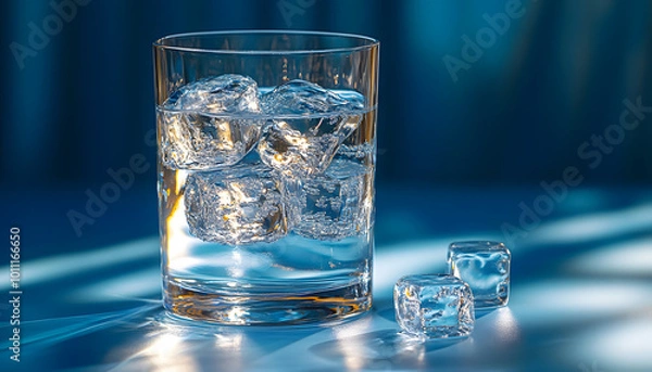 Fototapeta A glass of water with ice cubes sits against a vibrant blue background, creating a refreshing and inviting image. The clear water glistens as it reflects light, while the ice cubes add a touch of cool