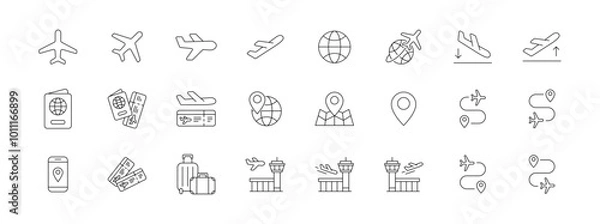 Fototapeta Airplane icon set. Airport icon. Flying icon set. Plane vector air flight destination location pin symbol sign airline fly landing arrival departure aeroplane passport boarding pass take off map trip