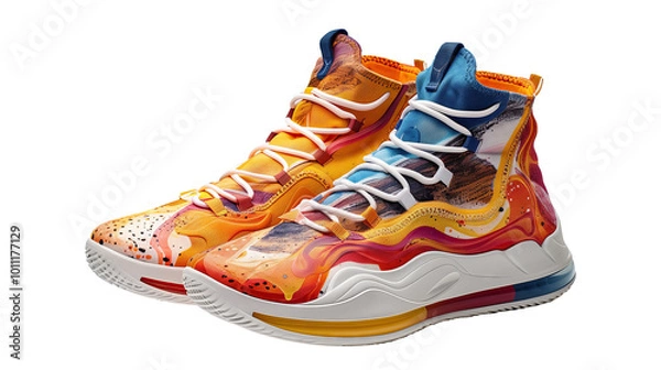 Fototapeta Colorful patterned basketball shoes on a transparent background.
