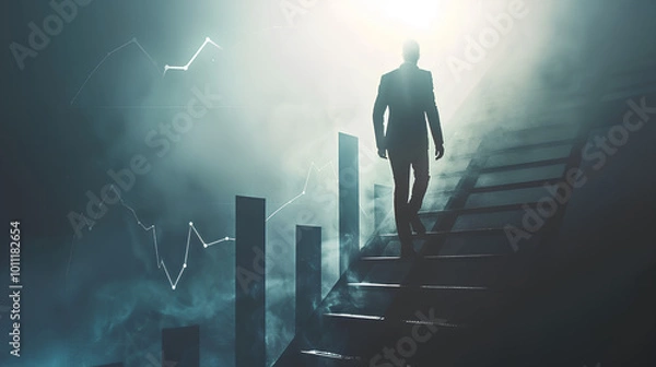 Fototapeta A businessman climbing a ladder towards a bar chart symbolizing success
