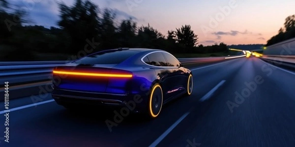 Fototapeta Autonomous car with blue hue races on the highway at dusk, with blurred lights producing a captivating display of advanced transportation technology and innovation