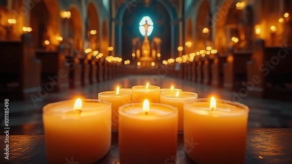 Fototapeta candles in church with altar in background beautiful catholic or lutheran cathedral with many lit candles as prayer or memory symbol beautiful lights in christian basilica ,crucifix in background