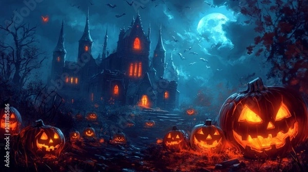 Fototapeta Halloween night background with a haunted house and pumpkins