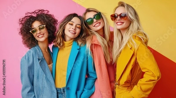 Fototapeta Group portrait of stylish women in fashionable clothing, set against a colorful background. The image captures their cheerful and confident expressions in a studio photo shoot.