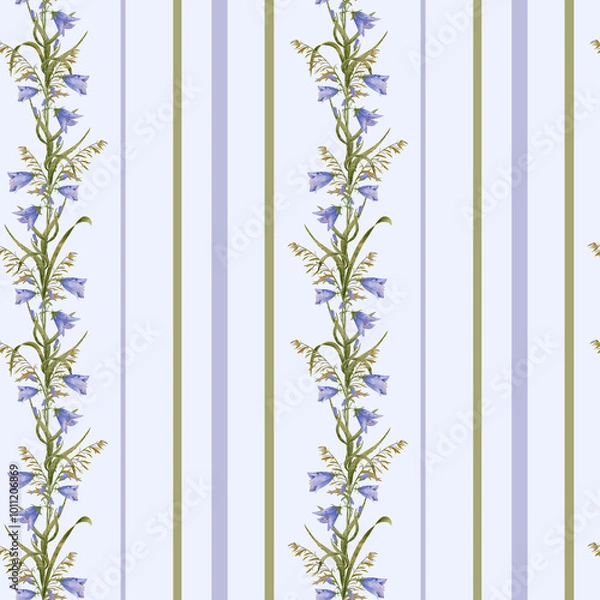Obraz Bell flowers. Wild flowers, abstract seamless pattern. Flowers with vertical lines. Design for textiles, wallpaper and paper.