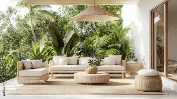 Fototapeta Tropical beach vacation home with a relaxed and minimalistic terrace. The balcony features easy-going furniture like a sofa and armchair, with a garden background and umbrella decorations.