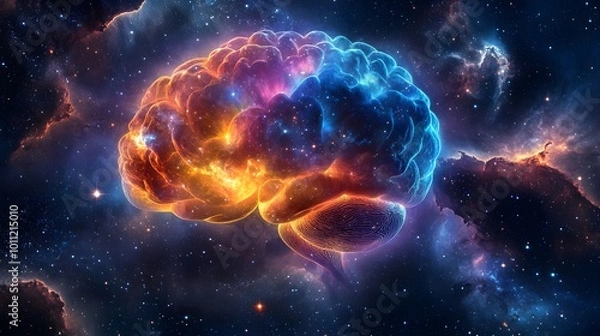 Fototapeta A breathtaking image of a glowing nebula in space, shaped like a human brain, with vibrant swirls of multicolored gases and stars, symbolizing the infinite potential of human imagination and 