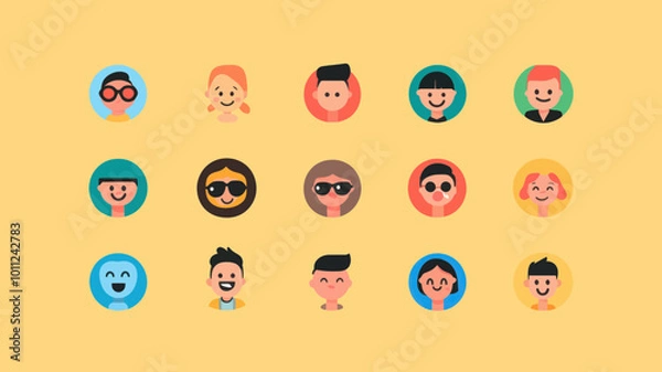 Fototapeta Flat Cartoon Emoji Set with Diverse Facial Expressions for Social Media and Messaging Apps
