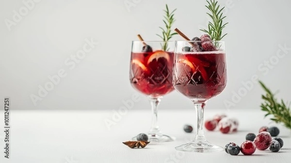 Obraz Christmas signature mulled wine cocktail in beautiful glassware on white background