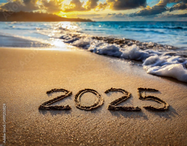 Fototapeta Photo of 2025 year text made out of sand
